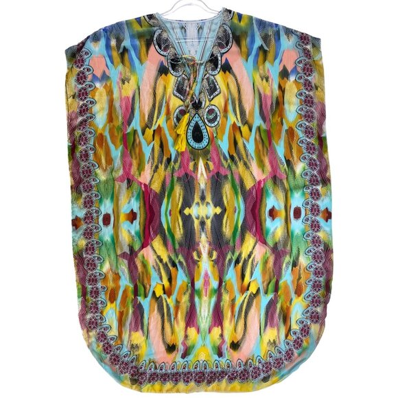 Colorful Boho Print Sheer Kaftan Poncho One Size Beach Summer Dress Seventies - Picture 1 of 4